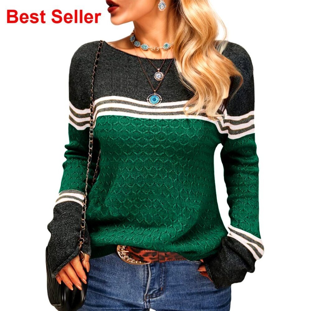 Lightweight Pullover Sweater Long Sleeve Crew Neck Colorblock Design